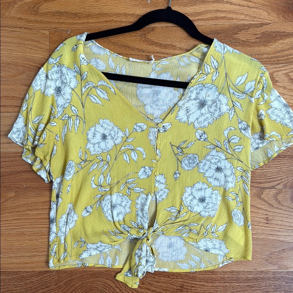 Lush Yellow Floral Tie-Front Blouse